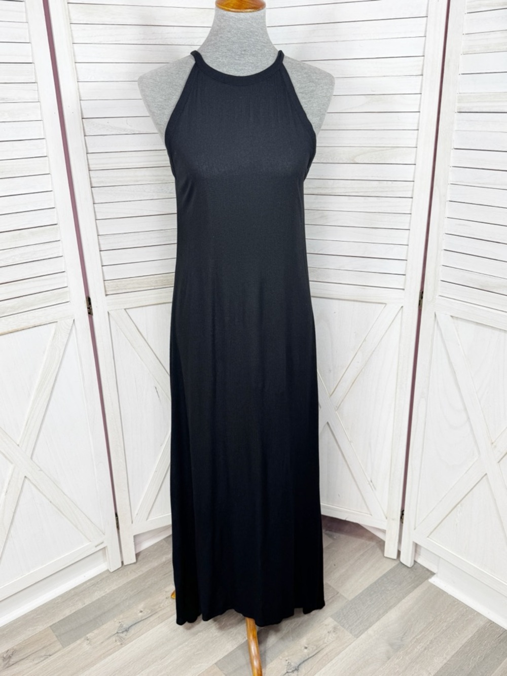 Vntg Indomario Gauze Halter Maxi Dress Black Small Resort Minimalist Gothic Boho